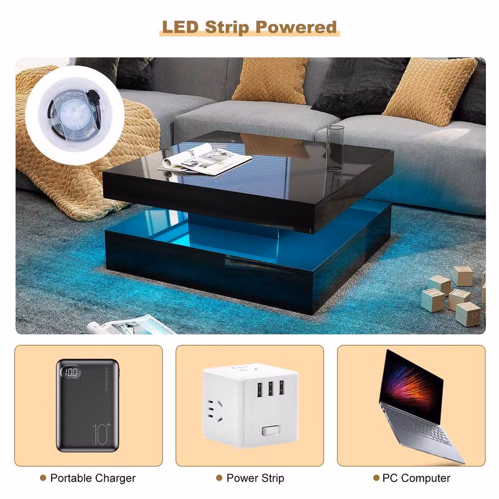 KEEPREAPER Modern Square Coffee Table with Storage and LED Light in Black, W/D/H: 78 x 40 x 78 cm – 5