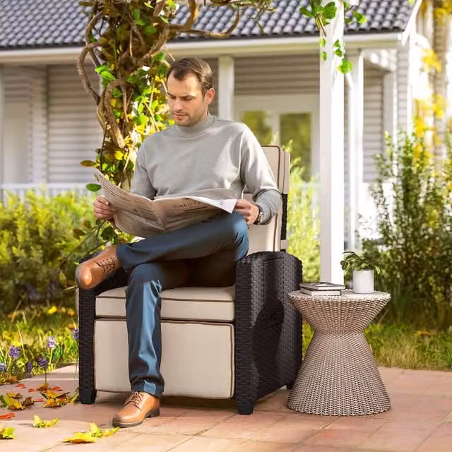Outsunny Rattan Garden Recliner Chair with Flip Table in Khaki