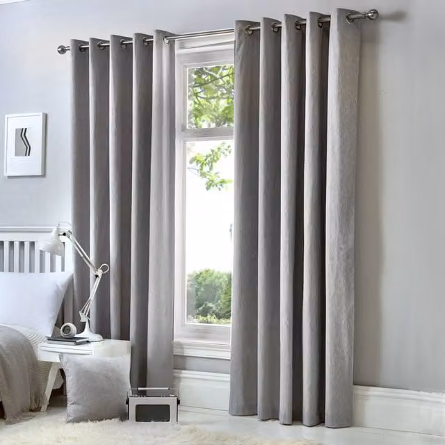 Fusion Cannes Silver 100% Cotton Plain Dyed Blackout Eyelet Curtains, Width: 117 cm, Drop: 183 cm