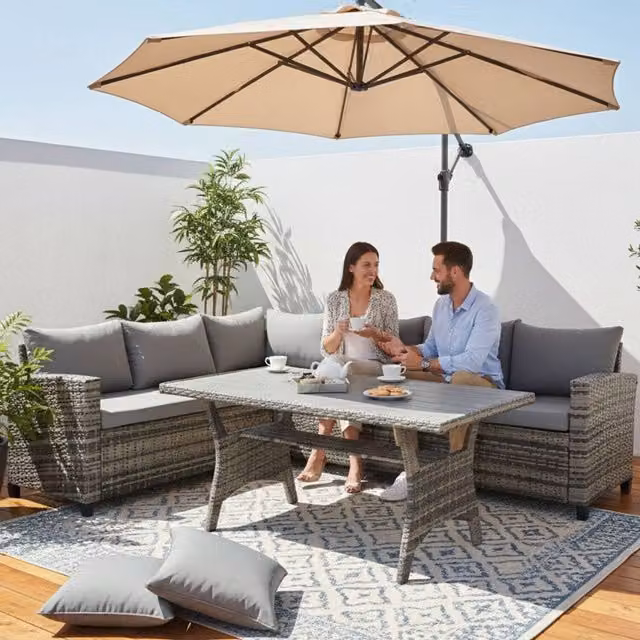 BIRCHTREE 5 Seater L-Shaped Corner Rattan Patio Furniture Set in Grey