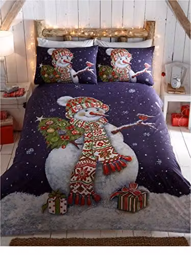Portfolio Home Happy Snowman Christmas Bedding Set, Blue and White, W/D/H: 140 x 200 cm
