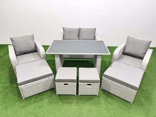 Fimous 8 Seater Modern Rattan Garden Furniture Set with Glass Dining Table in Light Grey