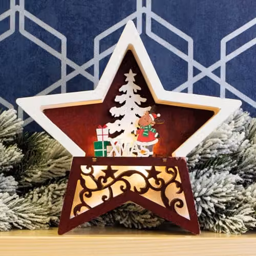 mysmartbuy Wooden Light Up Christmas Star Festive Scene Ornament with Reindeer and Tree Carving, White and Multicolour LED Decoration, H 19 x W 19 x D 3.5 cm – 3