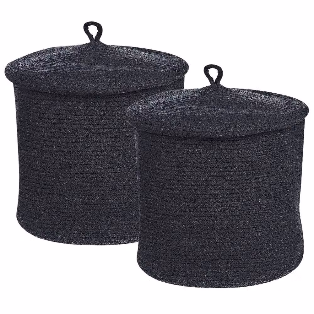 Wyld and Coco Set of 2 Black Open Weave Fabric Boho Storage Baskets with Lids and Handles – 2