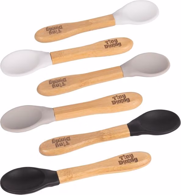 Tiny Dining Ergonomic Childrens Bamboo and Silicone Tip Spoon Set, 6pc, Black, White and Grey