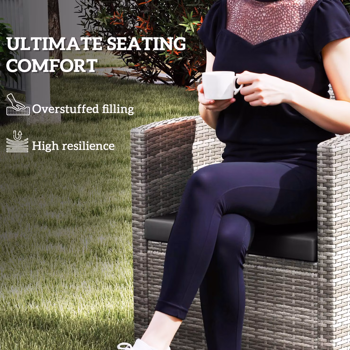 Outsunny Set of 3 Black Rectangular Outdoor Seat Cushion Pads for Rattan Furniture with Removable Washable Covers – 5