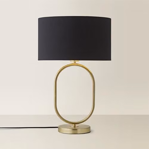 ValueLights Antonia Oval Table Lamp in Black with Gold Fabric Drum Shade – 1