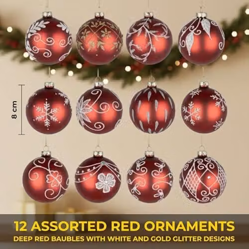 Shatchi 12-Piece Set of Glass Christmas Baubles in Red, White and Gold with Floral and Abstract Designs, Diameter: 8 cm – 5