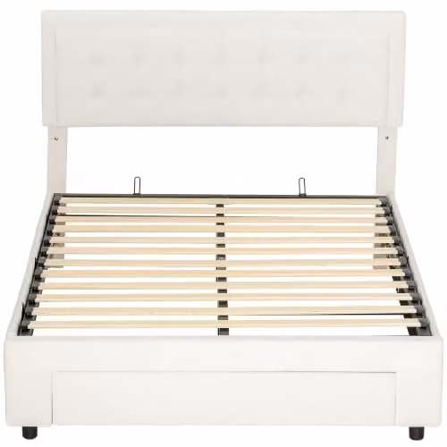 HOMCOM Upholstered Double Ottoman Bed with Lift-Up Storage in White and Beige, W: 140 cm x D: 190 cm