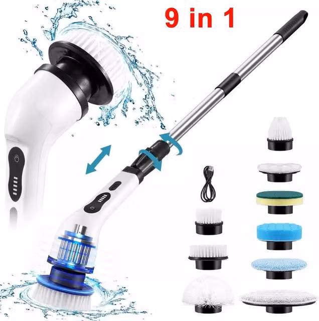 VOGREX 9 in 1 Cordless Electric Spin Scrubber Rotating Cleaning Brush in White and Multicolour