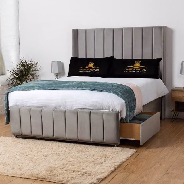 UK Bed Furniture Arizona Grey Fabric Wingback Divan Bed with 54 Inch Headboard and 2 Drawers, Size: Double (W/D/H: 140 x 200 cm)