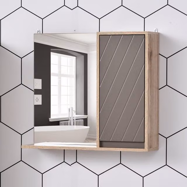 HOMCOM Wall Mounted Modern Bathroom Cabinet with Mirror and Internal Shelves in Grey and Oak Brown
