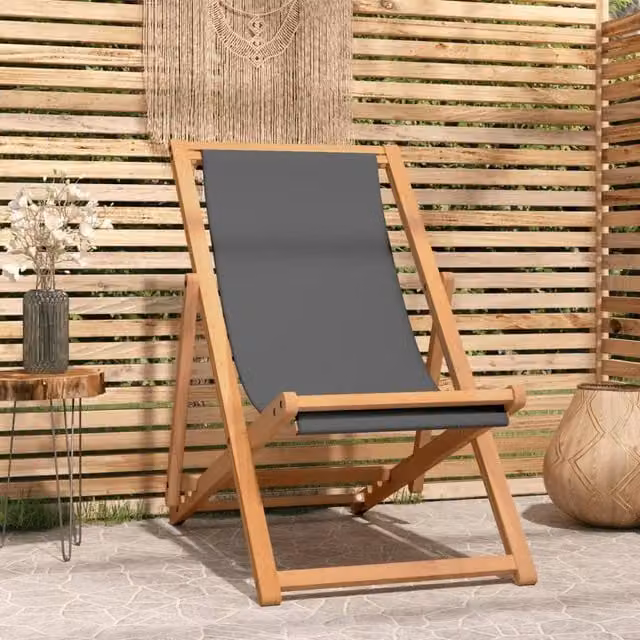 Berkfield Home Folding Beach Chair in Grey Solid Teak Wood with Adjustable Headrest