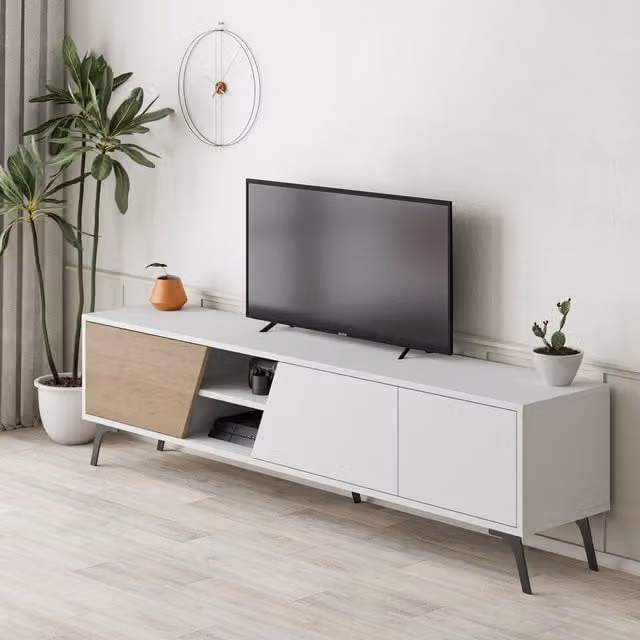 Decortie Fiona Modern TV Unit in White and Multicolour with Media Compartments and Cable Management, Width: 180 cm