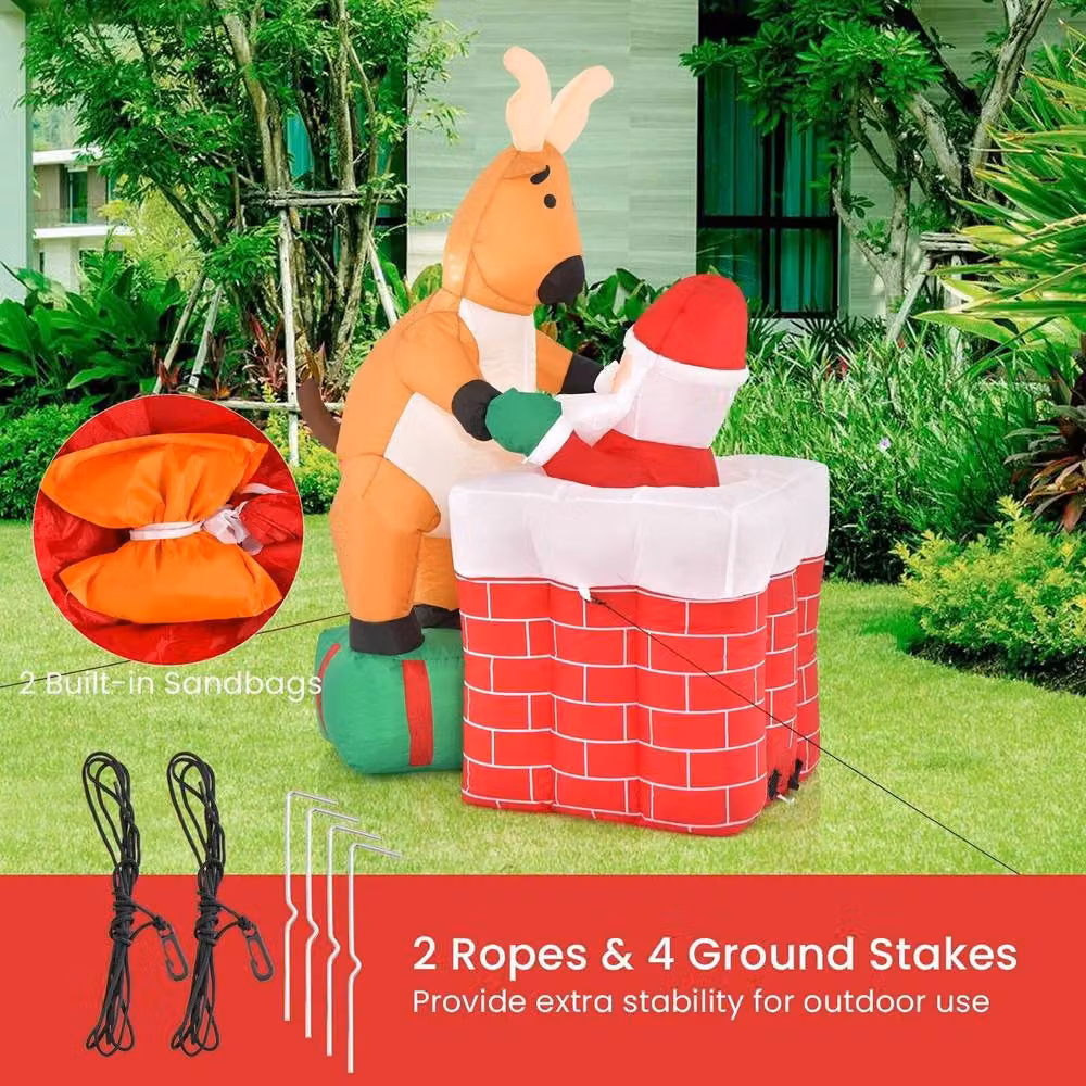 Gymax Inflatable Santa Claus Climbing Chimney with Reindeer Christmas Decoration in Red and Multicolour – 7