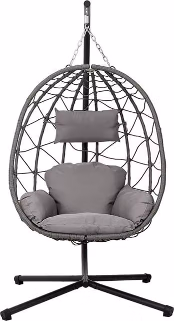 Modern Grey Rattan Egg Hanging Chair with Stand and Cushion