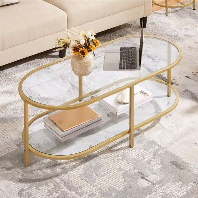 Yaheetech Modern Oval Clear Glass Coffee Table with Gold Metal Frame