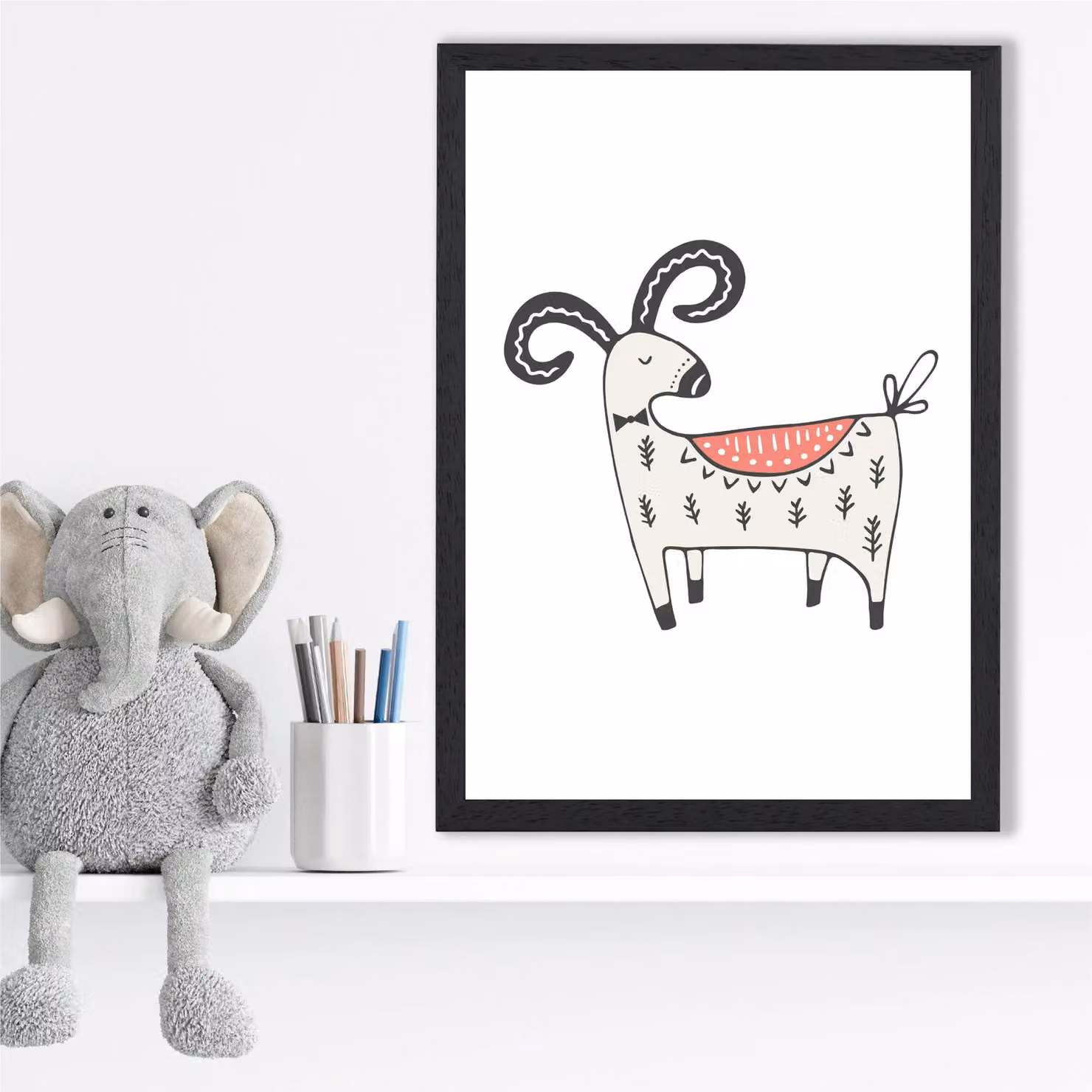 ARTZE Cute Mountain Goat Scandi Animal Framed Print, Beige and Black, A2 – 2