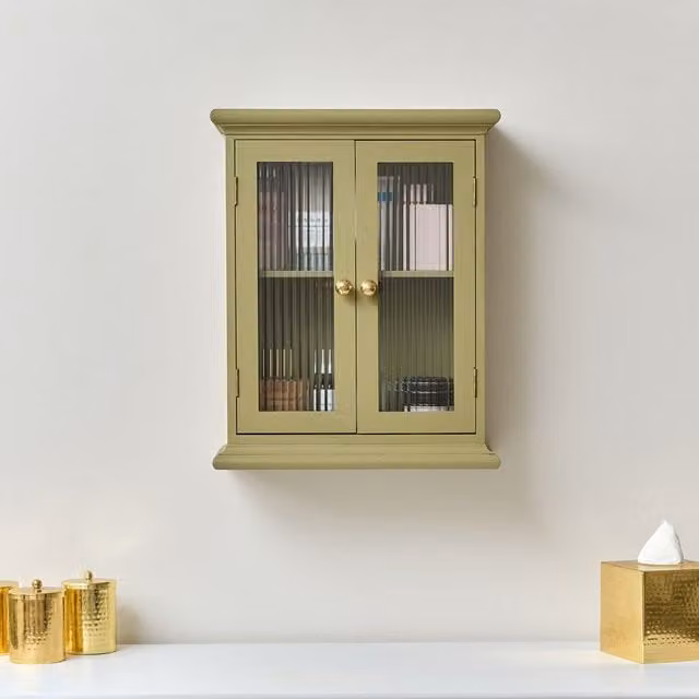 Melody Maison Retro Wall Mounted Cabinet with Reeded Glass Doors in Dark Green and Gold – 1