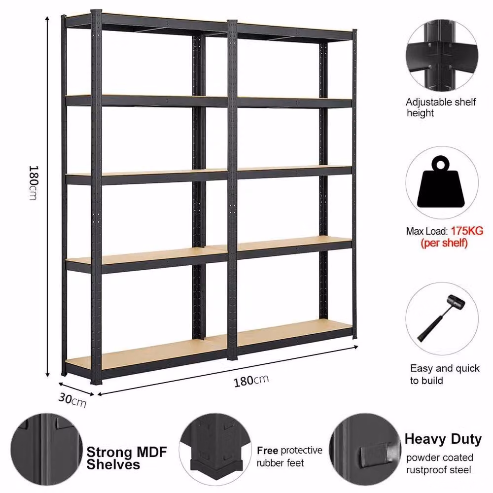 KORVIXA 2-Pack Heavy Duty 5-Tier Metal Garage Shelving Units in Black, W/D/H: 100 x 100 x 180 cm – 2