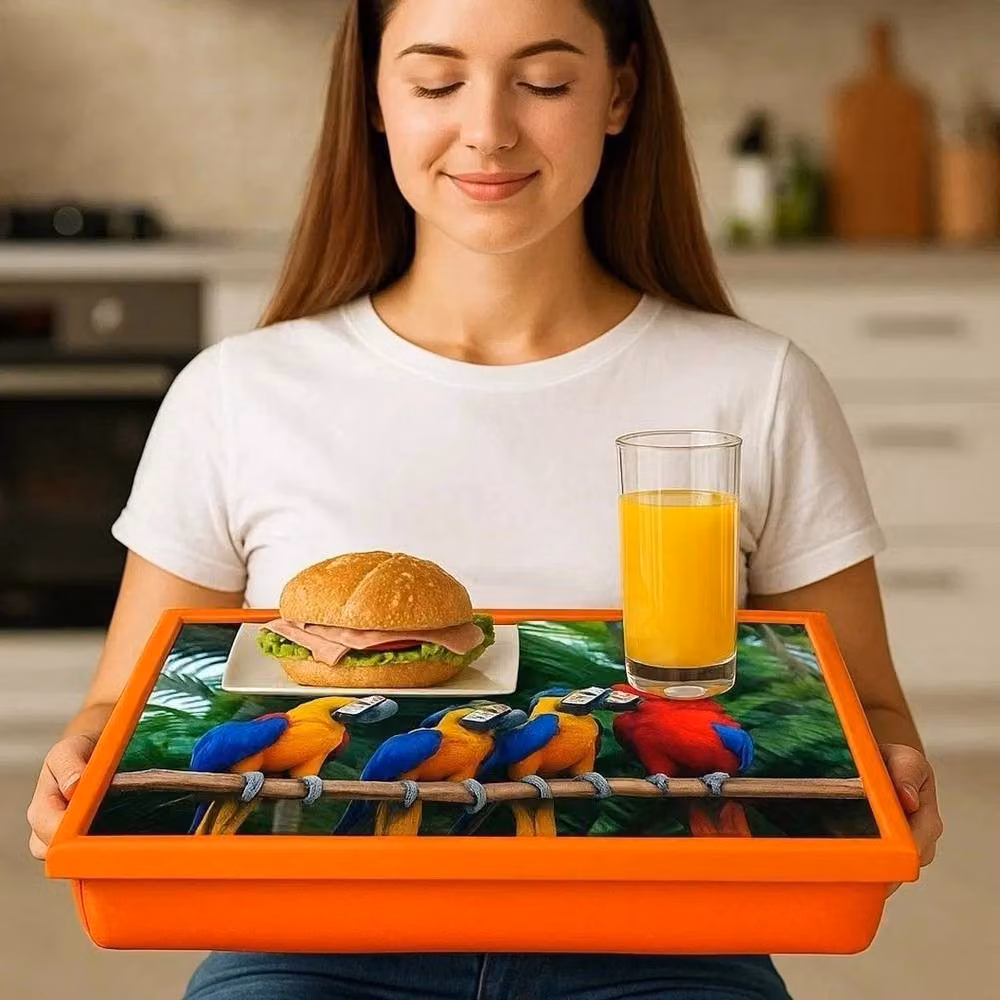 PAWNORA Parrots Cushioned Lap Tray with Bean Bag Base in Orange, W: 44.0 cm, D: 33.0 cm, H: 6.0 cm – 6