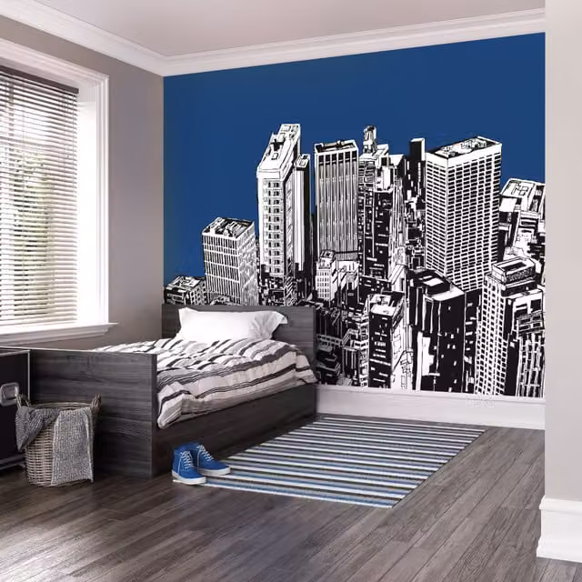 Origin Murals Urban City Skyscrapers Wall Mural in Blue