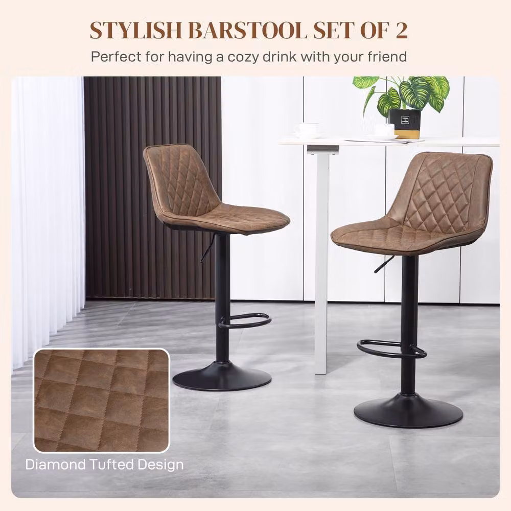 STILVORA Set of 2 Modern Adjustable Height Swivel Bar Stools in Brown Synthetic Leather – 5
