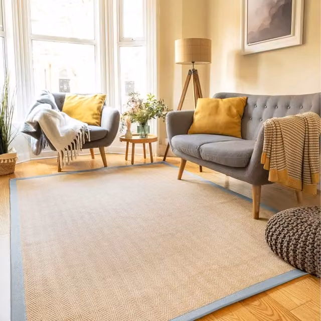 The Rug House Woven Jute and Cotton Herringbone Area Rug in Brown and Beige, W: 170 cm, D: 120 cm