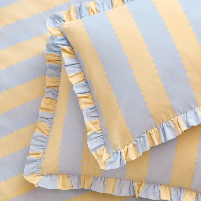 Make It A Home Birdie Stripe Ruffle Pillowcase Pair in Yellow Cotton