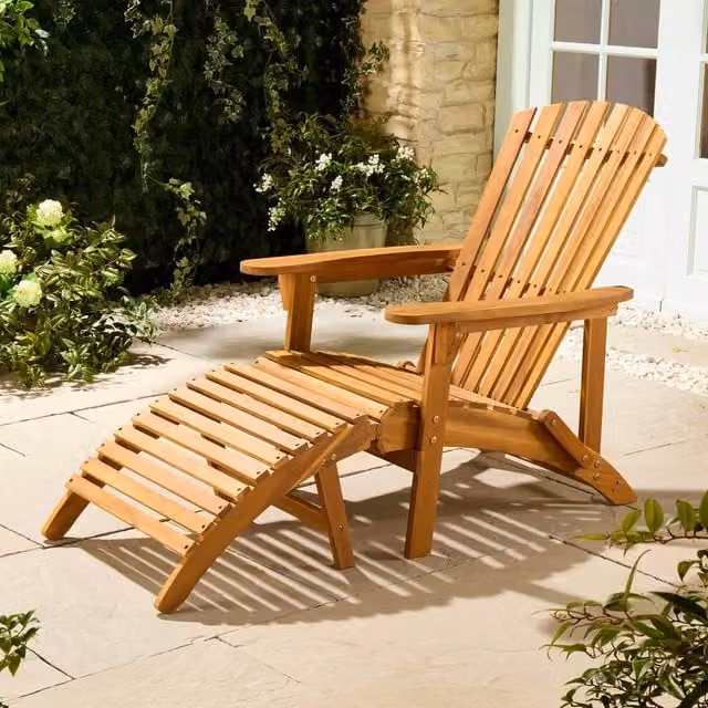 VonHaus Hudson Acacia Wooden Adirondack Garden Chair and Matching Footstool in Brown