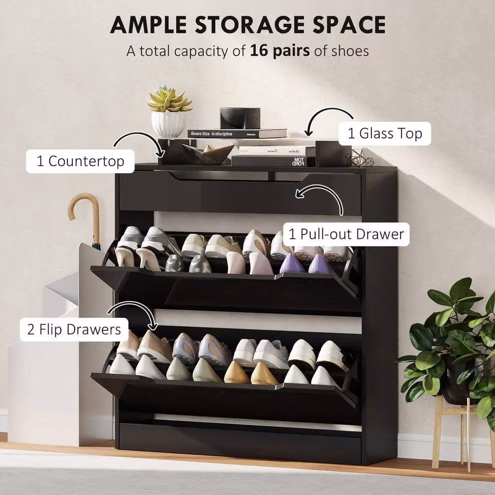 EONLION Black Modern Shoe Cabinet with Tilting Compartments and Glass Doors, Width: 100 cm – 3