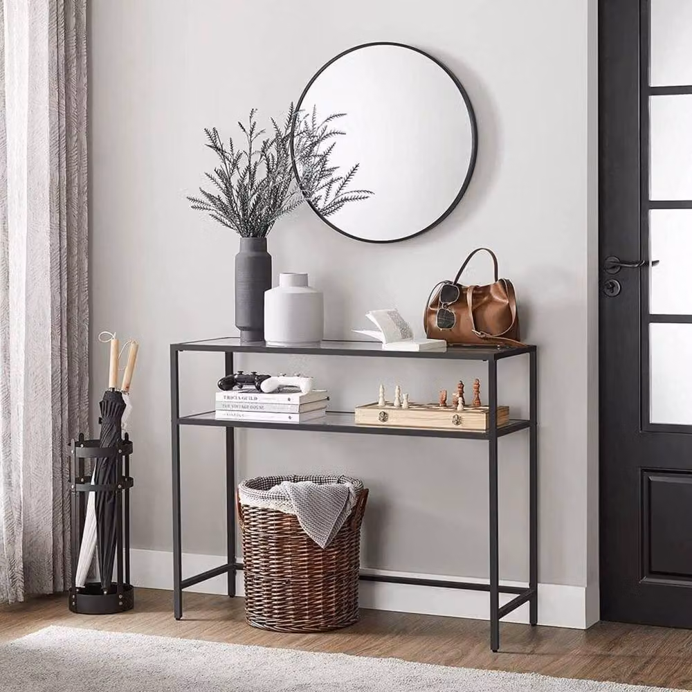CALICOSY Selia Metal Console Table with 2 Tempered Glass Shelves, Black, W: 90 cm, D: 30 cm, H: 80 cm – 3