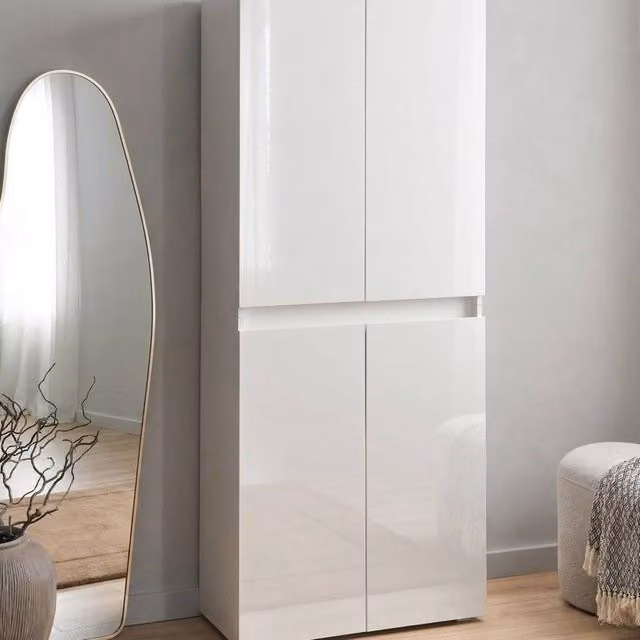 Wyld and Coco White Matt Hallway Shoe Storage Cabinet with 8 Shelves and Soft Close Hinged Doors – 1