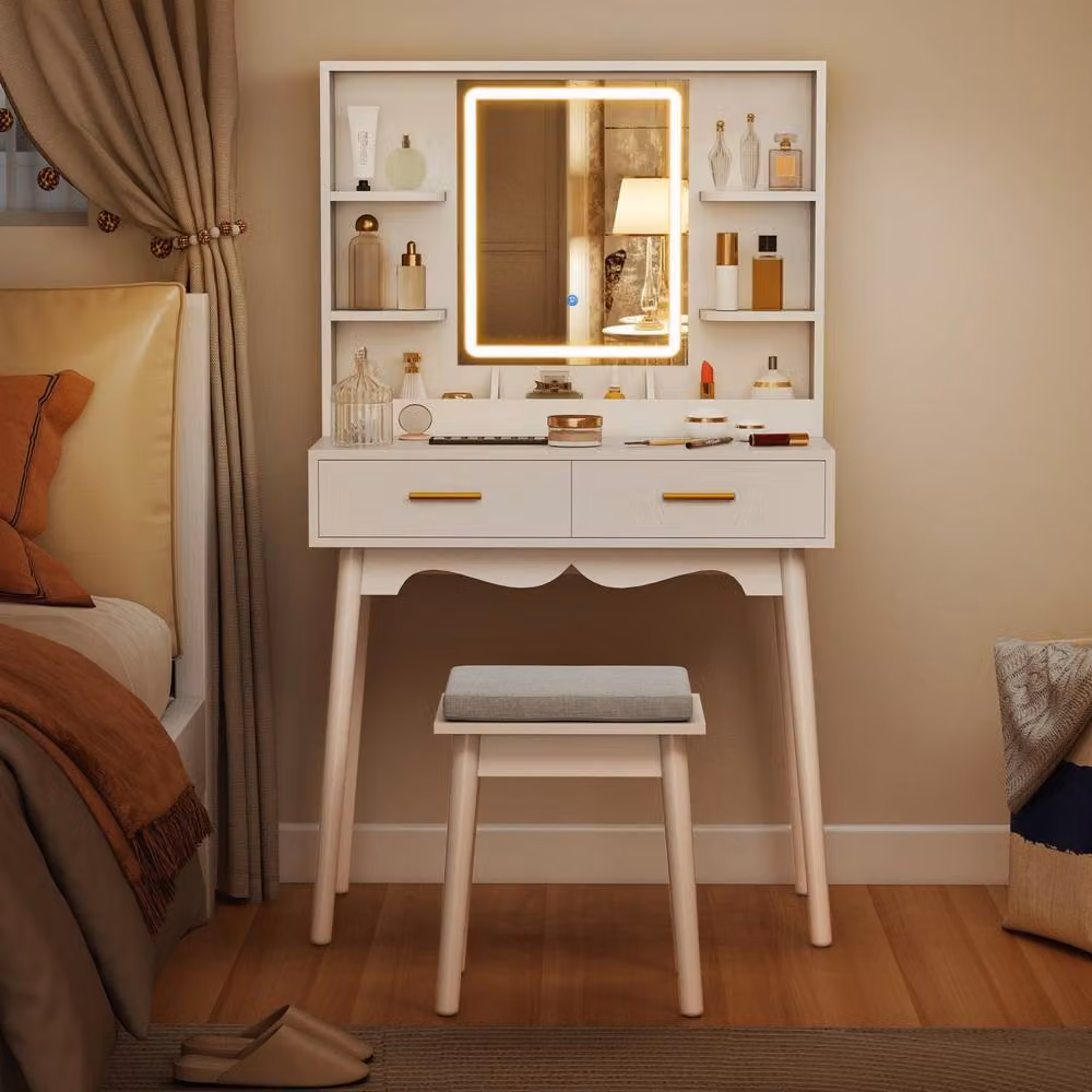 Wyld Haus White and Gold Modern Dressing Table with Hollywood LED Mirror, Stool and Storage, W/D/H: 137.5 x 80 x 40 cm – 5