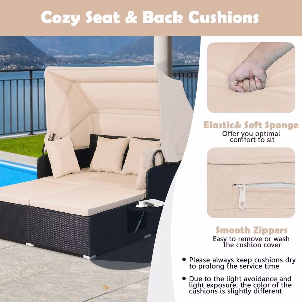 Costway Outdoor Hand-Woven PE Wicker Daybed Patio Loveseat Sofa Set with Sun Canopy and Side Tray in Beige – 5