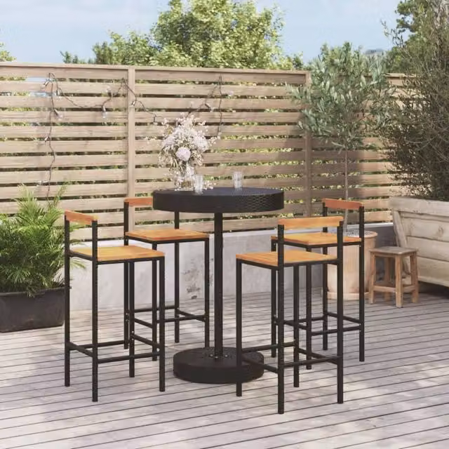 Berkfield Home 5 Piece Garden Bar Set in Black Poly Rattan and Solid Acacia Wood – 1