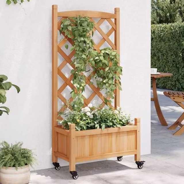 Berkfield Home Brown Solid Fir Wood Planter with Trellis and Wheels – 1