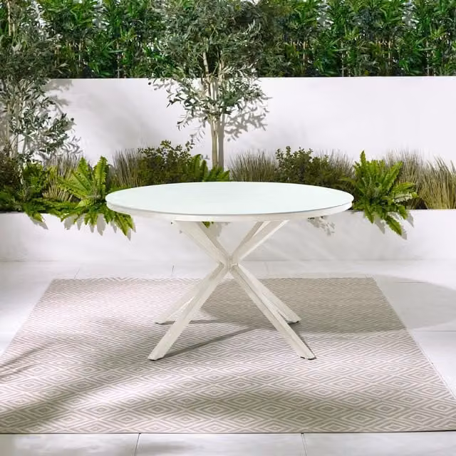FurnitureboxUK Nanterre Round Outdoor Dining Table in Beige Metal and Glass