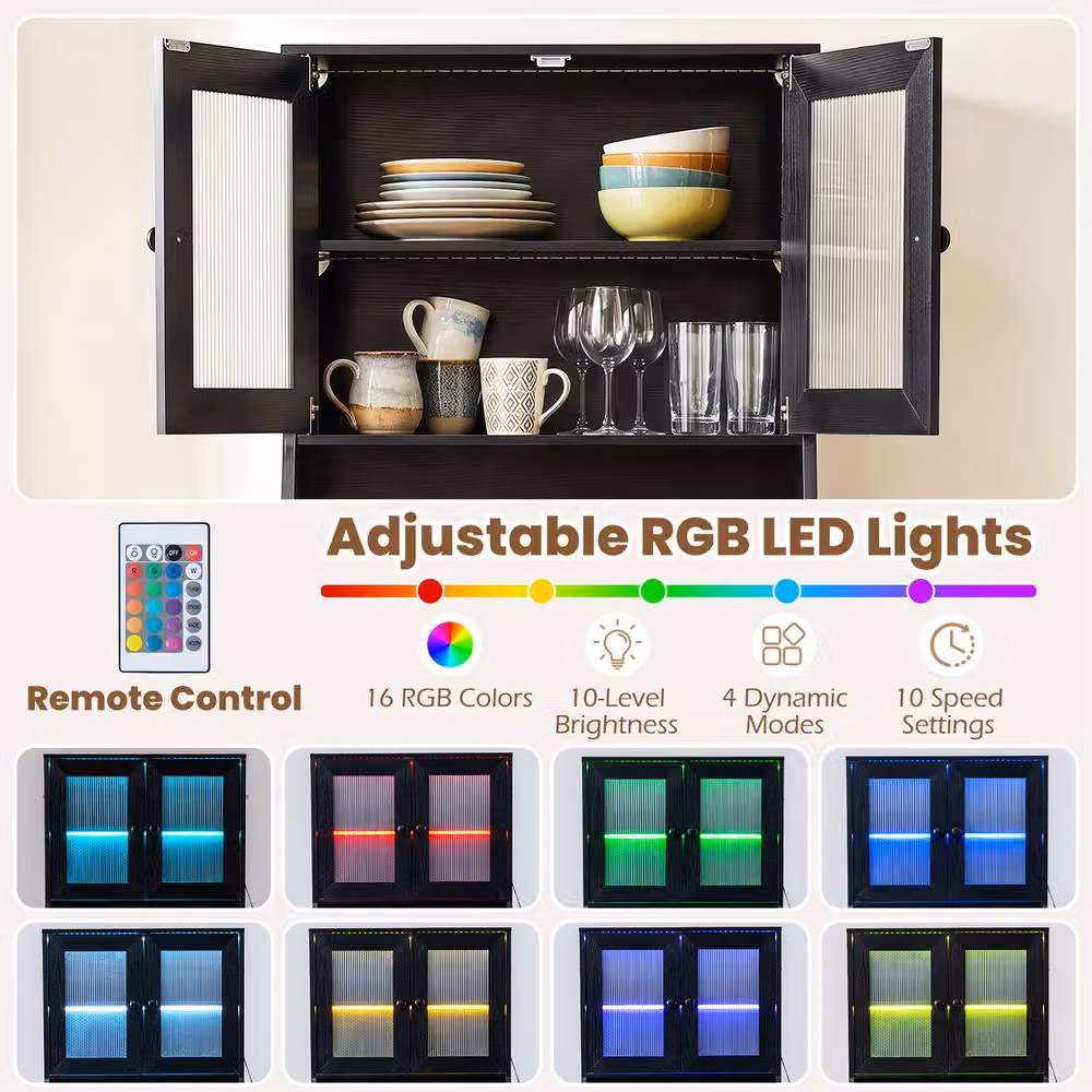 Gymax Black Freestanding Kitchen Pantry and Coffee Bar Cabinet with Integrated LED Lights – 9