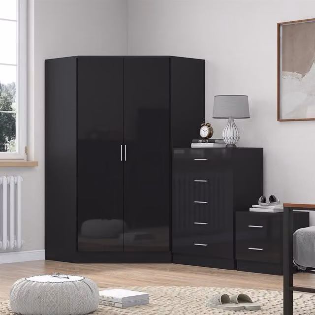 REFLECT Bedroom Furniture Bundle including Corner Wardrobe, Chest of Drawers and 2 Drawer Bedside Table in Black Gloss and Matt Black