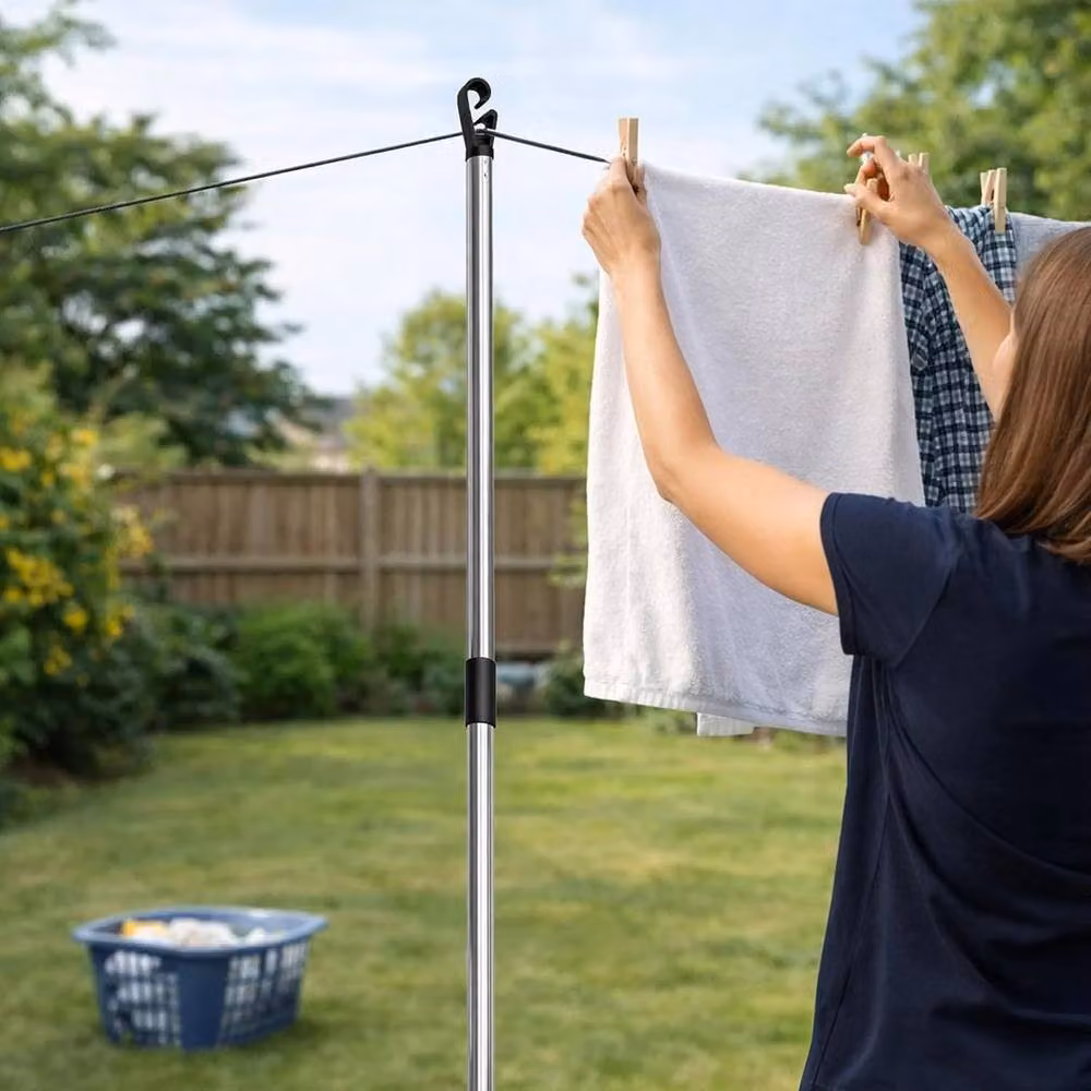 FLAVORA Silver Stainless Steel Freestanding 2 Pole Laundry Washing Line Support – 2