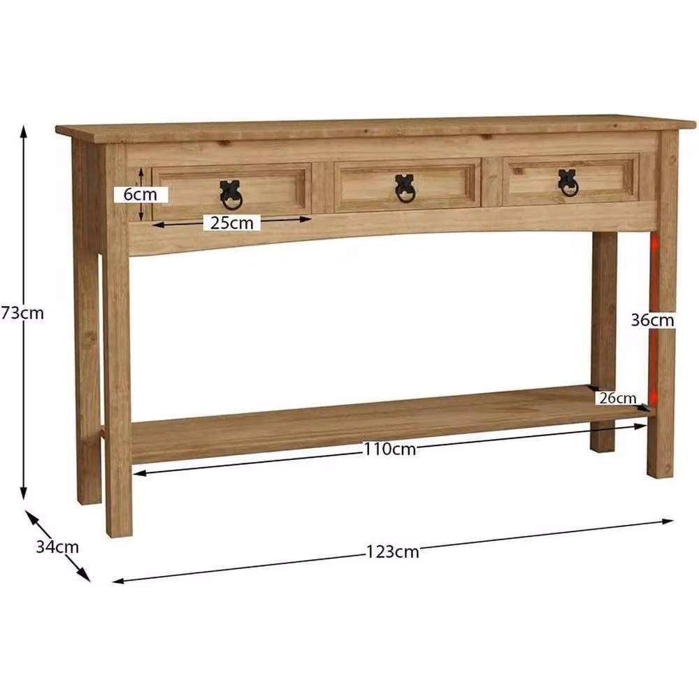 FORGEVIO Rectangular Corona Console Table with 3 Drawers and Shelf, Rustic Brown Waxed Pine Wood, W/D/H: 123.0 x 73.0 x 40.0 cm – 2