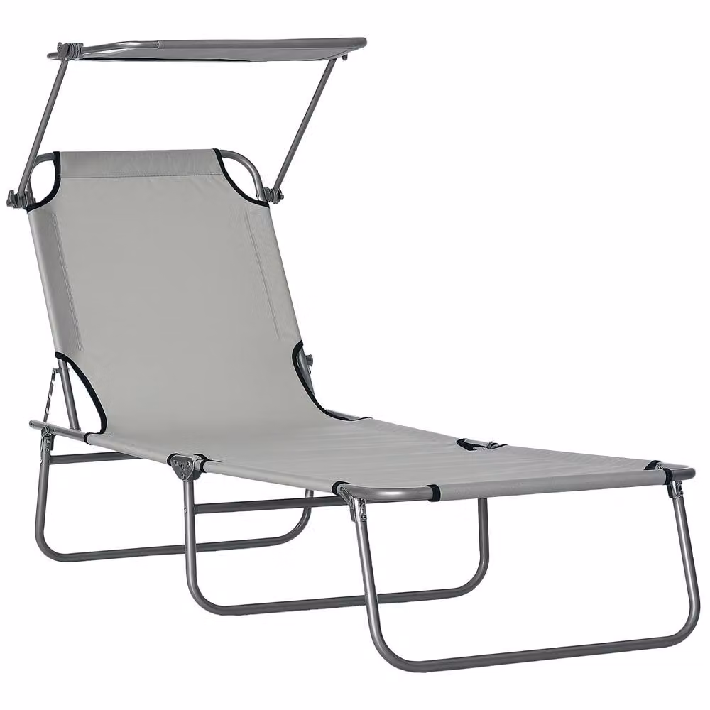 Outsunny Foldable Reclining Sun Lounger with Adjustable Sun Canopy and Headrest in Grey – 3