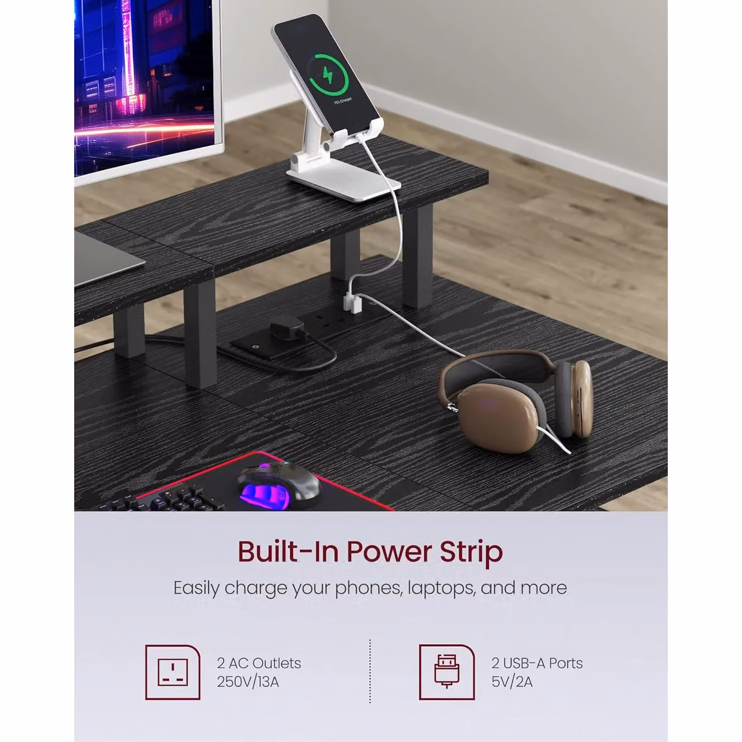VASAGLE Wide LED Gaming Computer Desk with Monitor Stand, USB Ports and Fabric Drawers, Black – 3