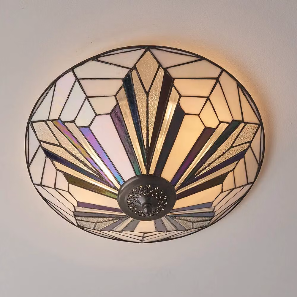 Loops Tiffany Art Deco Semi-Flush Ceiling Light with Round Inverted Glass Shade in Clear and Bronze – 2