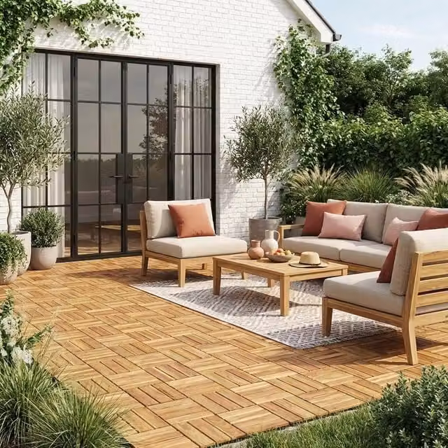sweeek Wooden Patio Tiles with Square Pattern in Light Brown, W/D/H: 30 x 30 x 1.9 cm