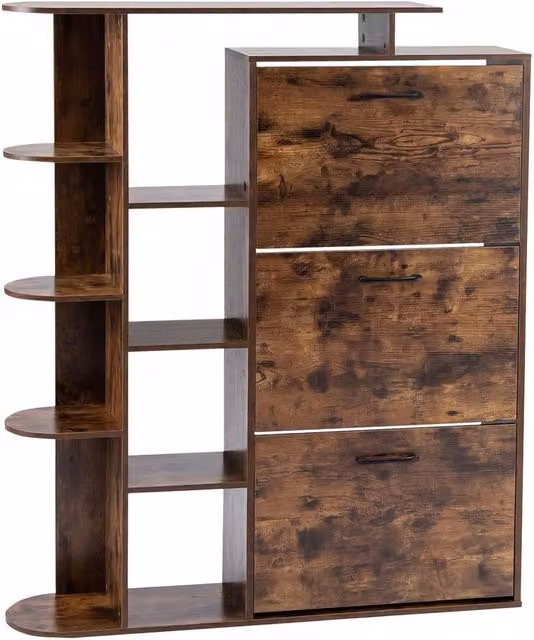 Costway Freestanding Shoe Storage Cabinet with 3 Tilting Compartments in Brown – 1