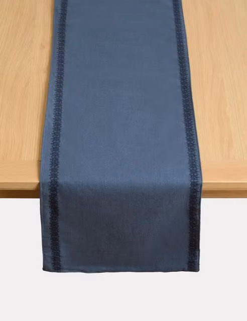 M&S X Fired Earth Pure Cotton Embroidered Table Runner in Dark Blue