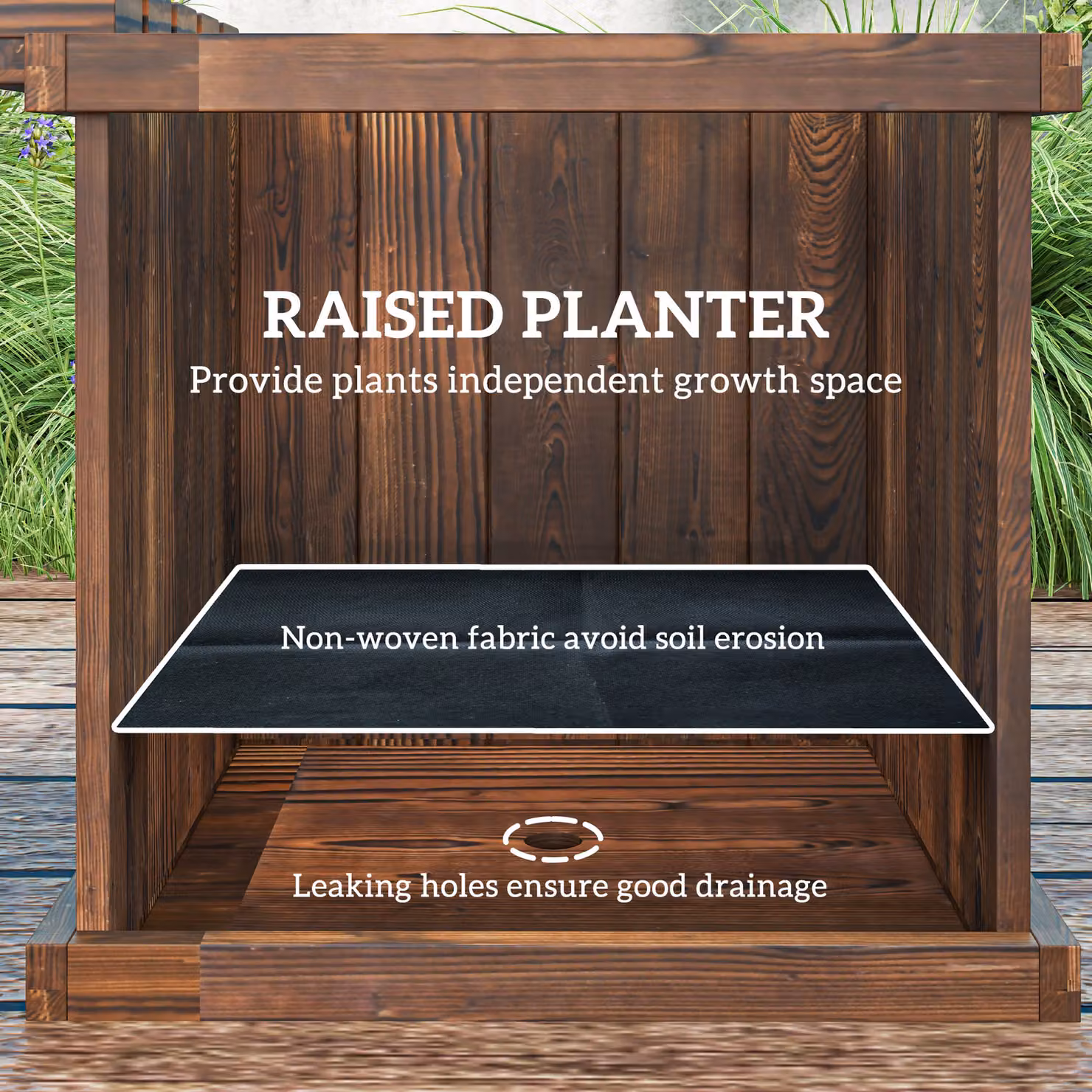 Outsunny Wooden Garden Planter and Bench Combination in Rustic Brown Carbonised Finish, W/D/H: 176 x 38 x 40 cm – 5