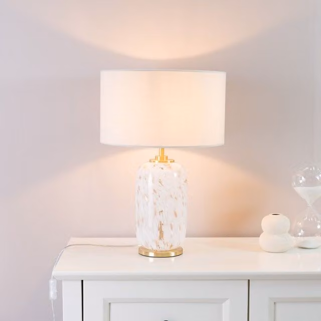 ValueLights Gold Metal and White Confetti Glass Table Lamp with Fabric Drum Shade and LED Bulb